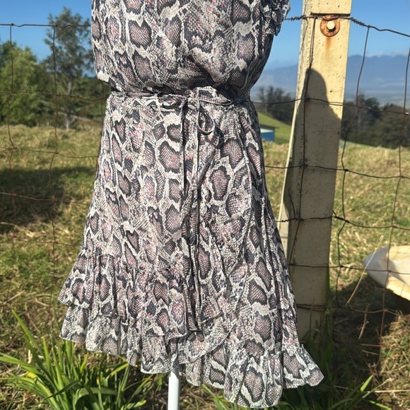 All Saints Priya Misra Snakeskin Ruffle Chiffon Sleeveless Wrap Mini Dress Small - Picture 6 of 9